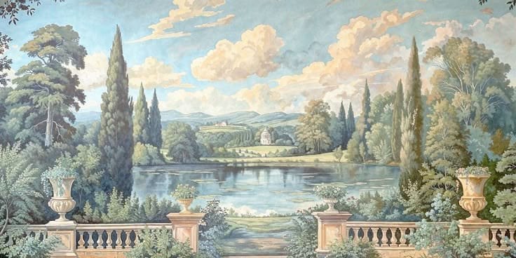 Painted garden landscape with cypress trees, stone balustrade and a still lake